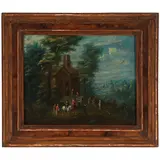 Antwerp School, A village road with horsemen and people resting, oil on panel