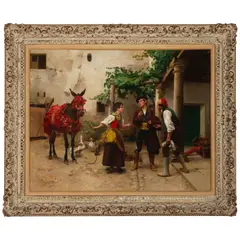 Jules Worms, Woman with a decorated horse and gentlemen in a courtyard, oil on canvas