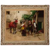 Jules Worms, Woman with a decorated horse and gentlemen in a courtyard, oil on canvas
