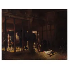 Wilhelm Frey, Barn scene with cows and chickens, oil on canvas