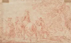 Dutch School, Trois chasseurs a cheval, sanguine on paper