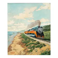 Frederick Blakeslee, Steam train by shoreline, oil on canvas