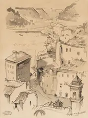 Halfdan van Qùillfeldt, Havnen Bonifacio, Corsica, ink and wash on paper