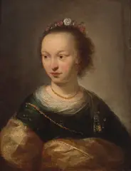 Govaert Flinck, Portrait of a young woman with a flower crown, oil on panel
