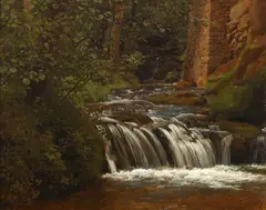 Waterfall in the woods by Simon-Joseph-Alexandre-Clement Denis, oil on canvas, sold Sep 2024
