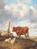 Ra Thomas Sidney Cooper, Cattle and three sheep on a hill, oil on panel