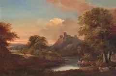 George Augustus Williams, Cows in a riverside landscape, oil on canvas