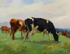 Lucy Kemp-Welch, Grazing cattle, oil on canvas