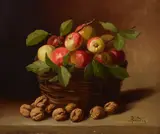 Pierre Baudry, A still life of apples in a basket surrounded by walnuts, oil on canvas