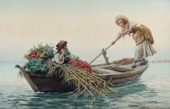Pietro Gabrini, The floating vegetable sellers, watercolor on paper laid down on board