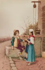 Filippo Indoni, Children at a well, watercolor on paper