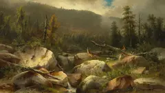 Carl August Sommer, An alert stag and deer in the mountains, oil on canvas
