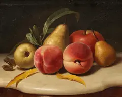 Peter Baumgras, A still life with peaches and pears, oil on joined wood panel