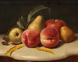 Peter Baumgras, A still life with peaches and pears, oil on joined wood panel