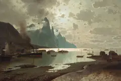O. Nordstrom, Fjord Landscape with boats, oil on canvas