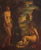 Béla Iványi-Grünwald, Two nudes in a landscape, oil on canvas laid down on board