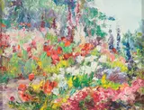 Mary Herrick Ross, A spring garden in bloom, oil on canvas laid down on board