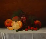 A still life of oranges, grapes, strawberries, mangoes, and peaches by American School, oil on canvas, offered Sep 2024