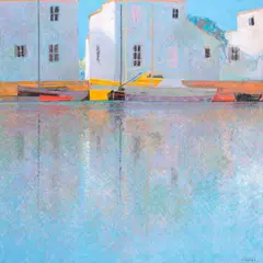 Mediterranean port scene by André Bourrié, oil on canvas, sold Sep 2024