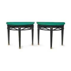 Adrian, Pair of Custom Demilune Consoles, green-lacquered, black-painted and parcel-gilt wood