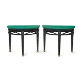 Adrian, Pair of Custom Demilune Consoles, green-lacquered, black-painted and parcel-gilt wood