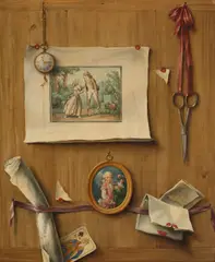 Still Life with Watch, Miniature, Scissors, Playing Card and Letters (Trompe-l'œil) by French School, 19th century, oil on canvas, sold Oct 2024