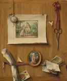 French School, 19th century, Still Life with Watch, Miniature, Scissors, Playing Card and Letters (Trompe-l'œil), oil on canvas