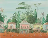 Gilbert Adrian, Tropical Village, oil on canvas