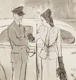 Eric, Advertisement for Marshall Field & Co. Featuring an Adrian Suit, ink and wash on paper