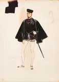 Walter Cohick Plunkett, Costume Designs of Marisa Pavan as Catherine de Medici and Roger Moore as King Henry II in Diane, 1956, Catherine gouache on illustration board; Henry gouache and fabric on illustration board