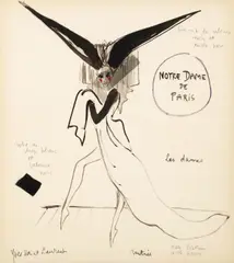 Yves Saint Laurent, Costume Design for 'Les Dames' in Roland Petit's Notre-Dame de Paris, 1965, ink and fabric on paper