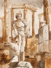 Leptis Magna I: Columns and Headless Statues and Leptis Magna: Columns of the Theatre and Statues (Two Works) by Eugene Berman, both watercolor and ink on paper, sold Oct 2024