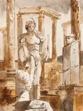 Eugene Berman, Leptis Magna I: Columns and Headless Statues and Leptis Magna: Columns of the Theatre and Statues (Two Works), both watercolor and ink on paper
