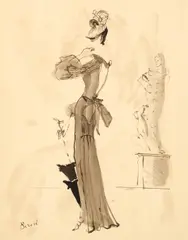 Christian Bérard, Fashion Illustration for Bergdorf Goodman of a Jean Patou Dress and Hat, circa 1935, ink and wash on paper