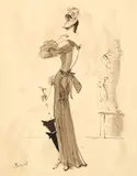 Christian Bérard, Fashion Illustration for Bergdorf Goodman of a Jean Patou Dress and Hat, circa 1935, ink and wash on paper