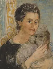 Vértes Marcell, Dora Vertès with 'Fluffy' and Le Chien 'Fluffy' (Two Works), oil on canvas; gouache over black chalk on orange paper, respectively