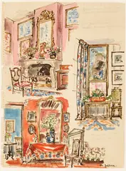 Philippe Jullian, Interior Vignettes (Two Works), watercolor and pencil on paper