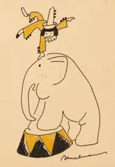 Ludwig Bemelmans, Swans; Elephant and Acrobat (Two Works), Swans ink and wash on joined paper; Elephant ink and crayon on paper