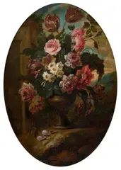 Ecole française, Nature morte au vase de fleurs, oil on canvas, ovale