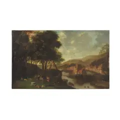 Jacques Nicolas Julliard, Paysage animé de figures et animaux au bord d'une rivière, oil on canvas