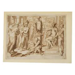 Giovanni Guerra, Scène de l'histoire romaine, probablement de Tullus Hostilius, pen and brown ink, brown wash, traces of black chalk, pen and brown ink framing lines, on paper laid down