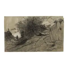 Alexandre-Gabriel Decamps, Paysage boisé animé, charcoal, highlighted with white on paper