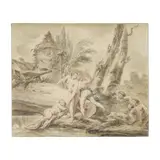 Diane et ses nymphes surprises par des satyres by Ecole française, pen and brown ink, brown wash, watercolor on paper, offered Jun 2025