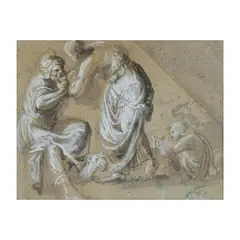 Ecole italienne, Rebecca et Eliezer au puits, black chalk, pen and brown ink, brown wash on grey paper