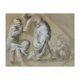 Ecole italienne, Rebecca et Eliezer au puits, black chalk, pen and brown ink, brown wash on grey paper