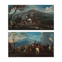 dit le Borgognone Jacques Courtois, Une paire de paysages avec un rassemblement des troupes, a pair, oil on canvas