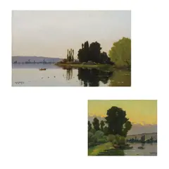 Jacques-Henry Delpy, Paysages lacustres animés, one oil on panel, one oil on canvas