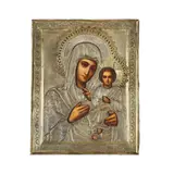 Russia, 19th century by Icône de la Mère de Dieu de Smolensk Icon of Smolensk Mother of God, traditionally painted in strong colours in repoussé chased and engraved silver-gilt oklad, offered Apr 2025