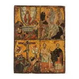 Veneto-Cretan, 18th century by Icone de la Ressurection, Transfiguration, Crucifixion, Sts Kosmas et Domian An icon of the Resurrection, Transfiguration, Crucifixion and Sts Kosmas and Domian, finely painted in saturated colours of red, green, ochra-brown and grey with rich gilded details and background, sold Apr 2025