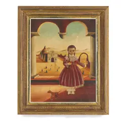Mexican School, Little girl with dog, oil on canvas